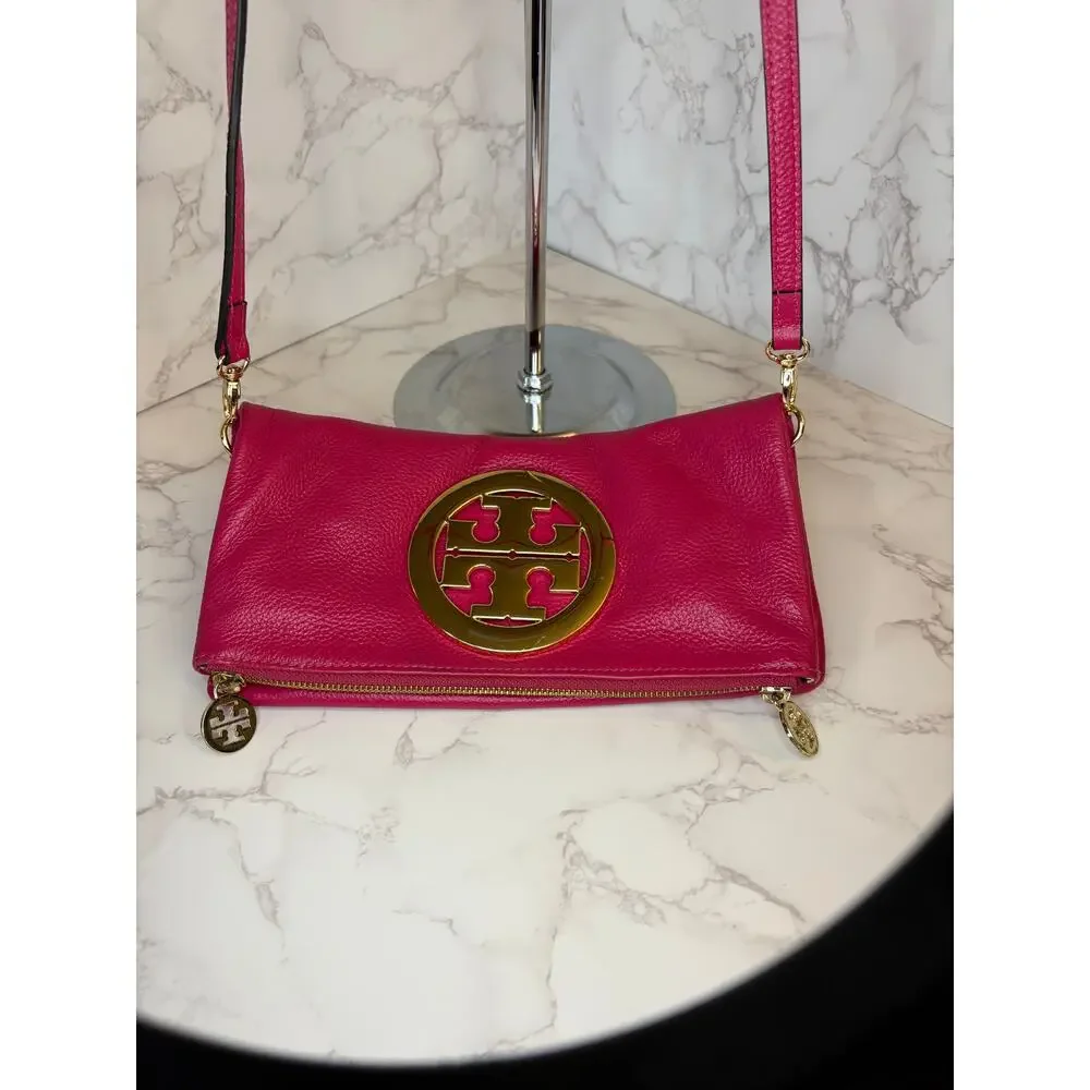 TORY BURCH Amanda Foldover Clutch Crossbody w/Pink Leather w/Golden Accents, EUC